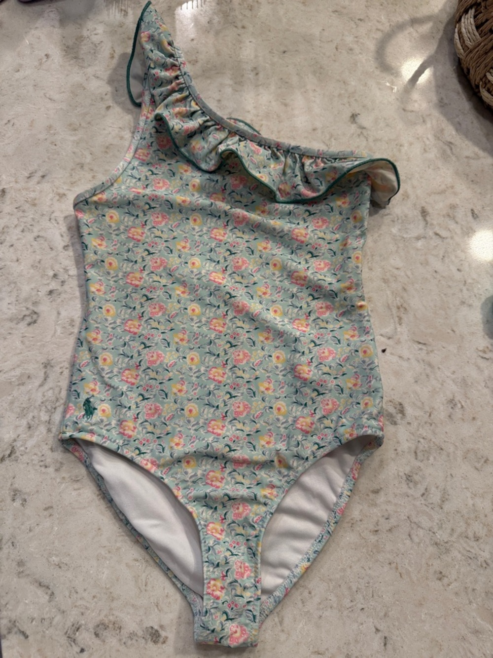 Floral One-Shoulder Girls' Swimsuit — Pastel Blue with Pink & Yellow Flowers